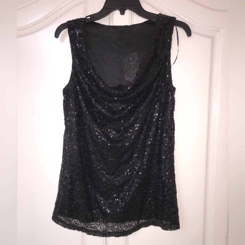 Adrienne Vittadini Black Sequin Cowl Neck Sleeveless Top Blouse